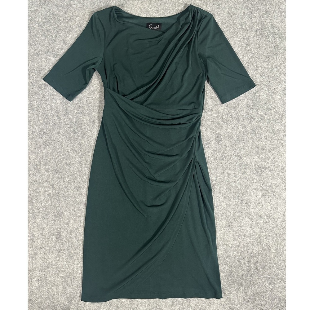Connected Apparel Faux Wrap Sheath Dress 6 Hunter Green Ruched Stretch